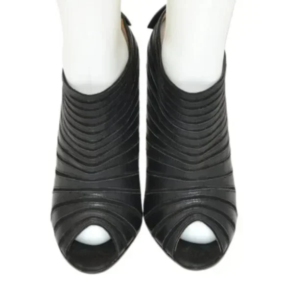 L.A.M.B. Stefani Y2K Black Leather Stiletto Peep Open Toe Booties Boots Heel 8.5 - Picture 3 of 11